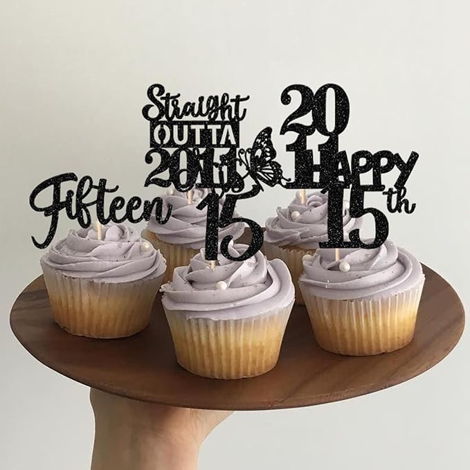 30PCS Black 15th Birthday Cupcake Toppers Glitter Fifteen Happy 15 Straight Outta 2011 Cupcake Picks for Cheers to 15 Years 15th Birthday Wedding Anniversary Party Decorations Supplies