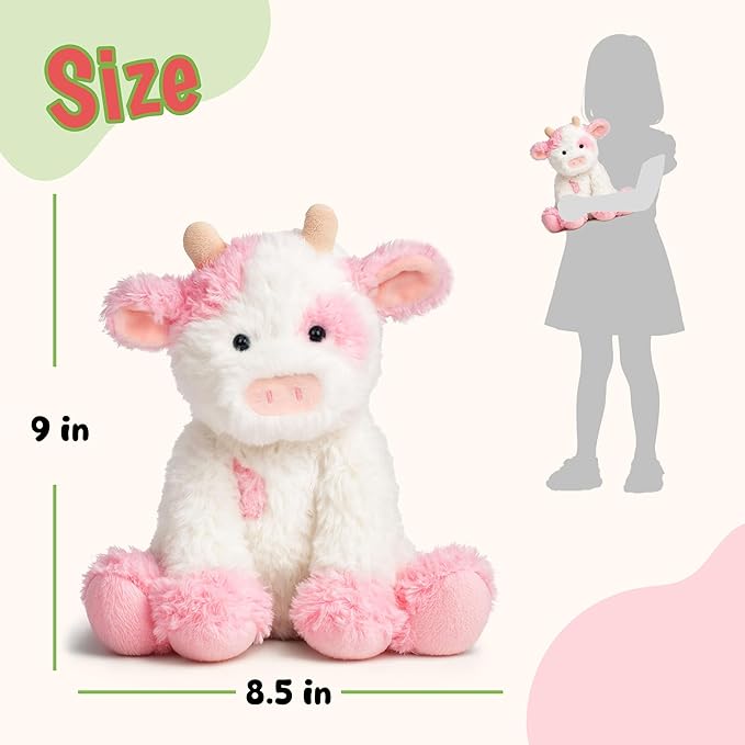 Hopearl Adorable Plush Cow Toy Floppy Dairy Cattle Soft Stuffed Animal Cute Birthday Gifts for Boys Girls Kids Toddlers, Pink, 9''