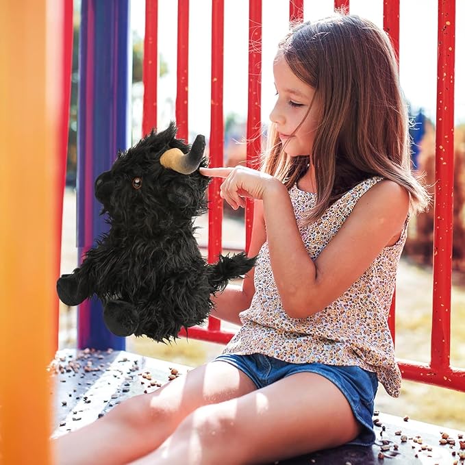 Highland Cow Stuffed Animal,10.5 inches Realistic Cow Plush Toy,Animal Cattle Plush Farm Toy,Farm Plushie Christmas Birthday Present for Boys Girls Kids Grandchildren (Black)