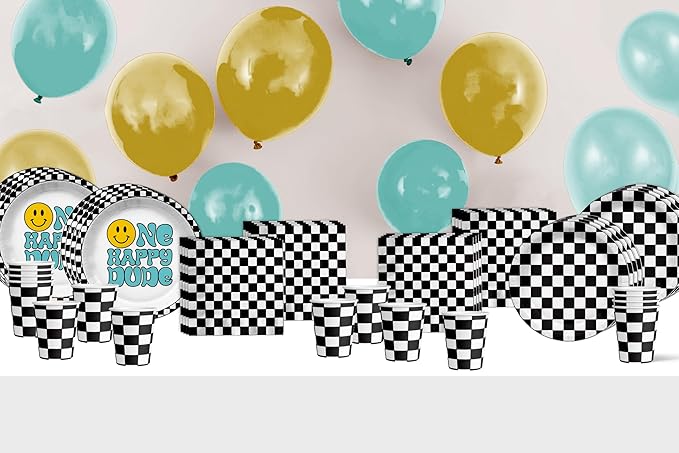 One Happy Dude Smiley Face 1st Birthday Party Supplies - 64 Piece Boys First Birthday Tableware Set Includes Large 9" Dinner Plates and 8" Dessert Paper Plates Napkins Cups - Kit for 16