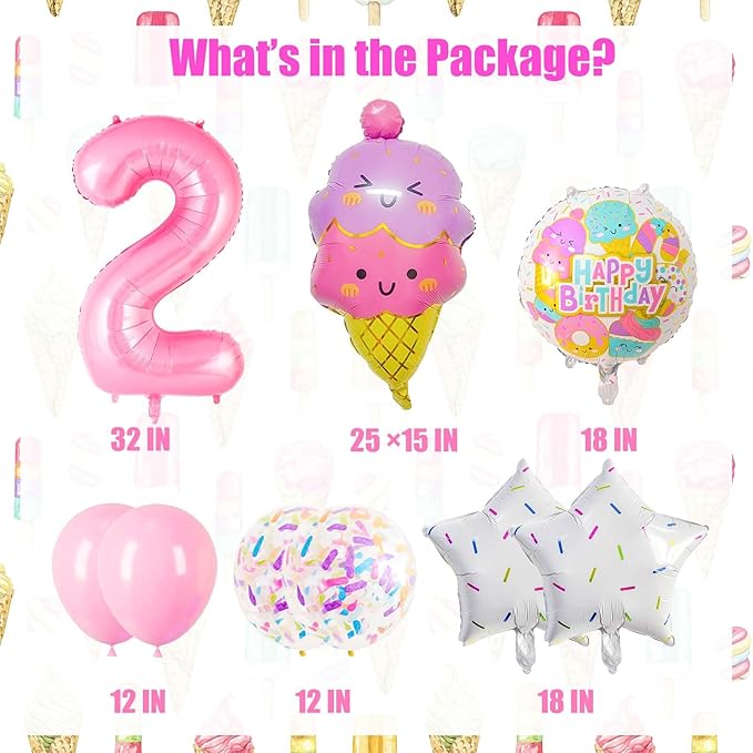 Pink Ice Cream Balloons, Number 2 Balloon, Two Sweet Birthday Party Supplies, Ice Cream Balloon for Girls Birthday Party Decoration (2)