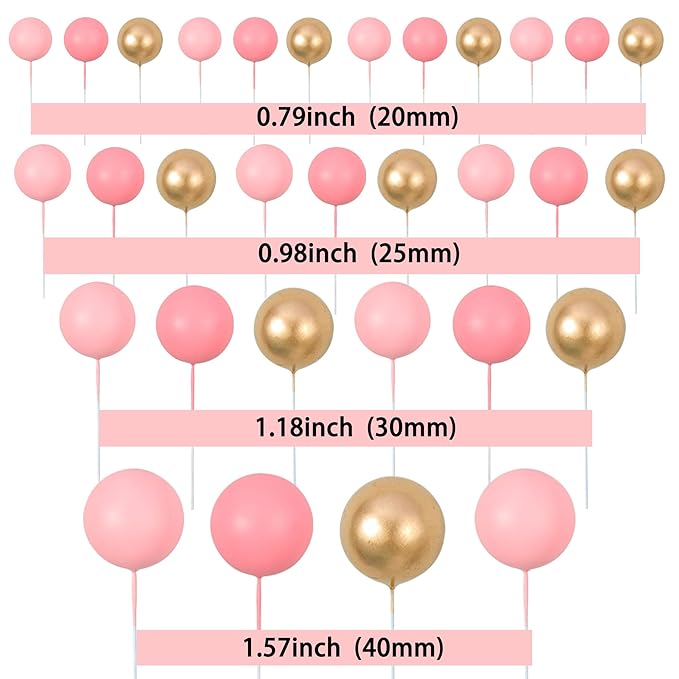 Gyufise 30Pcs Pink Gold Ball Cake Toppers Mini Balloon Cupcake Toppers DIY Foam Ball Cake Insert Decoration for Wedding Anniversary Birthday Party Supplies Decorations