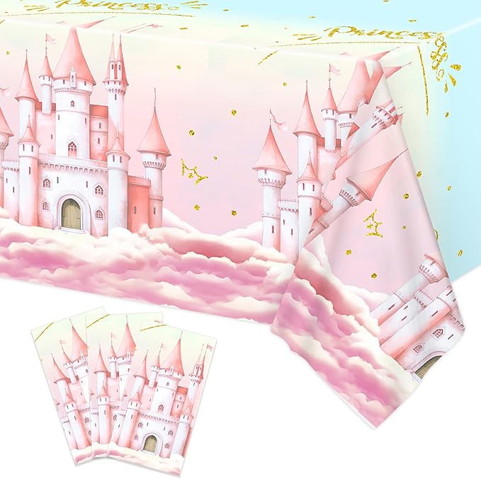 3pcs Princess Party Tablecloth, 54 x 108 Inch Pink Castle Plastic Table Cover, Princess Birthday Party Decorations for Fairytale Themed Party, Baby Shower, Girls Birthday Party Supplies