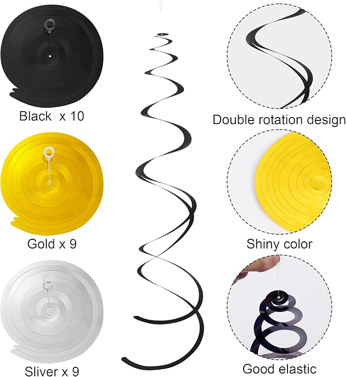 Colorful Ceiling Swirl Foil Decorations Hanging Plastic Streamer Themed Swirl Party for Halloween Graduation Celebration, Pack of 28 (Gold, Black and Sliver)