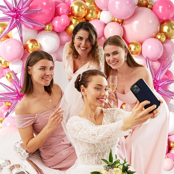 137Pcs Pink and Gold Balloons Garland Arch Kit with Stars - 5 10 12 18 inch Light Pink White Gold Latex Balloons for Birthday Baby Shower Bridal Shower Wedding Valentine’s Party Decorations