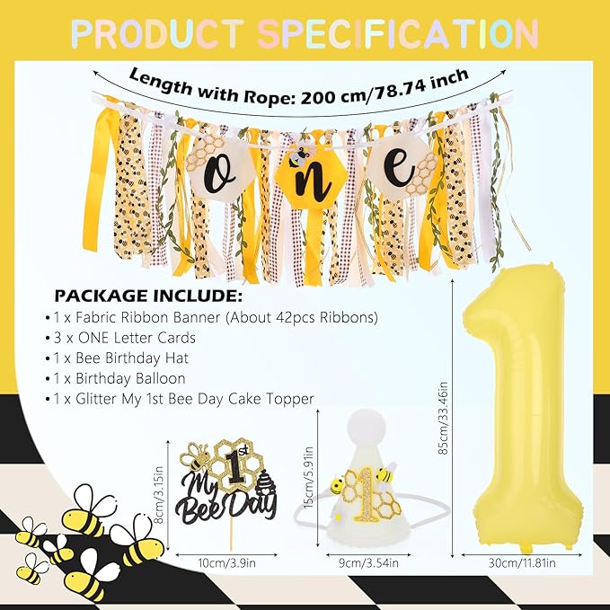 Bee Theme Highchair Banner for Baby First Birthday Party Decorations Happy 1st Bee Day High Chair Tassel Garland for Boys Girls Bumble Bee One Birthday Photo Props Backdrop Decor with Cake Topper