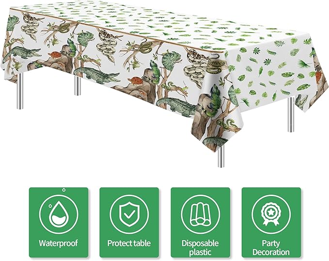 Reptile Birthday Party Supplies Tablecloth - Disposable Decorations Tablecover, Jungle Swamp Animal Lizard Snake Birthday Party Decorations Table Cloth - 4 Pack (54in x 108in)