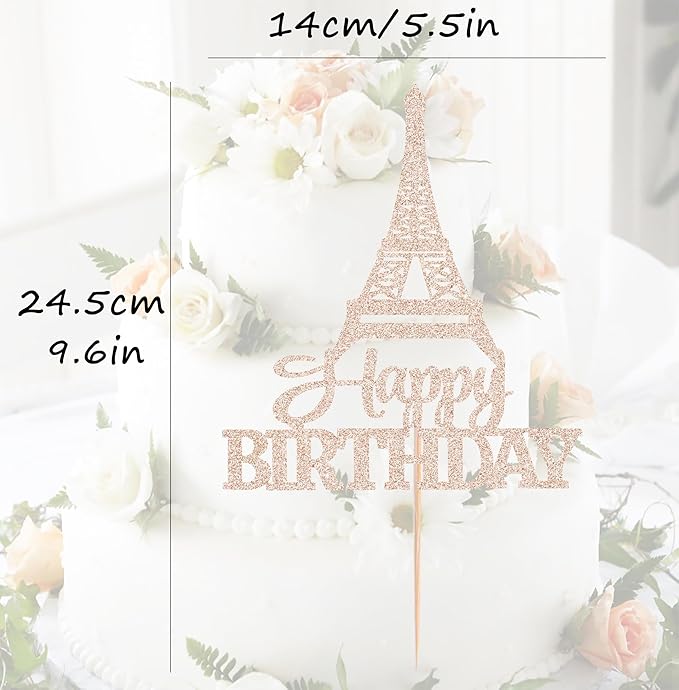 Eiffel Rower Birthday Cake Topper - Rose Gold Glitter Eiffel Rower Theme Birthday Party Cake Decoration Supply - Boy or Girl Architecture Theme Party Cake Decor Photo Prop