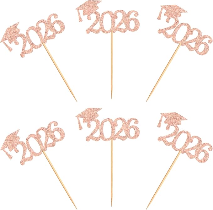 24 Pcs graduation cupcake toppers 2026, Food/Appetizer Picks For Graduation Party Mini Cake Decorations, 2026, Cupcake Toppers(Rose gold)