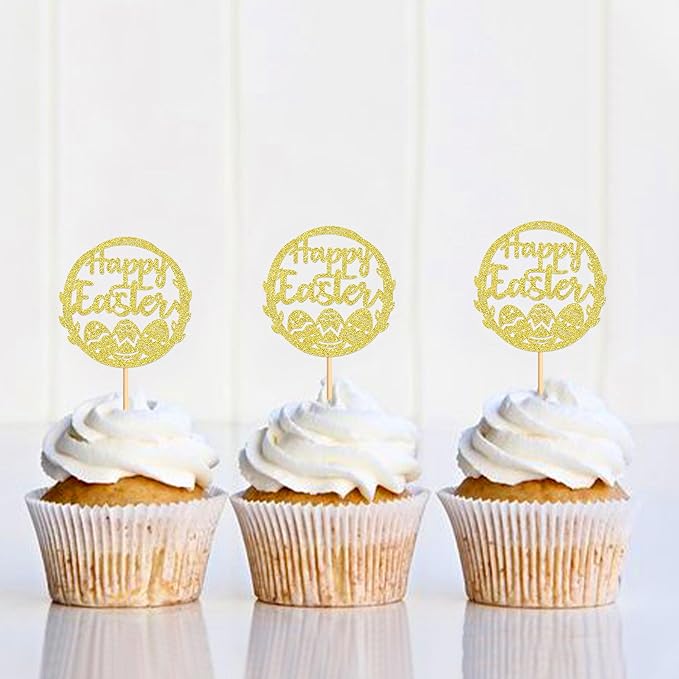 Ercadio 24Pcs Happy Easter Cupcake Toppers Glitter Golden Happy Easter Eggs Cupcake Picks for Easter Day Theme Baby Shower Easter Birthday Wedding Anniversary Party Cupcake Decorations