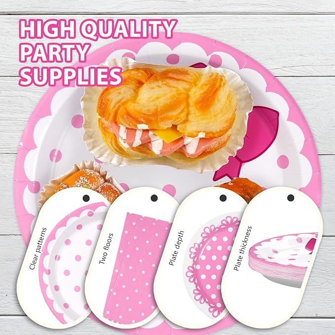 Grencian 96Pcs Pink Cat Party Decorations Pink Bow Cat Plates and Napkins Disposable Cute Cats Paper Tableware Set for Girls Baby Bridal Shower Birthday Wedding Party Supplies, Serves 24