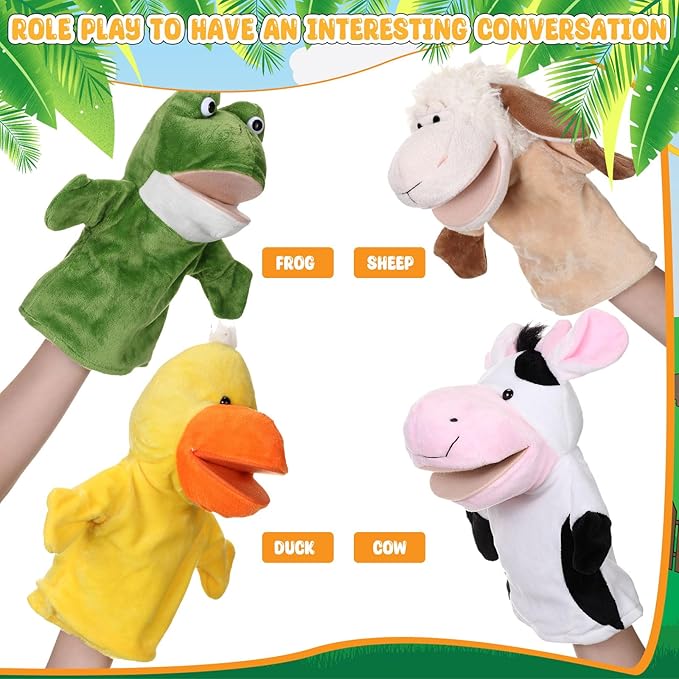 4 Pcs Hand Puppet Animal with Working Mouth 9.8 Inch Animal Puppet Soft Plush Toy for Storytelling Theater Preschool Birthday Gifts(Cow, Frog, Duck, Sheep)