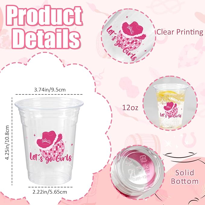 50 Pcs Western Cowgirl Plastic Cups, 12 Oz Pink Disco Cowgirl Plastic Clear Disposable Drinking Cups for Western Party Decoration Cowgirl Birthday Wedding Party Supplies
