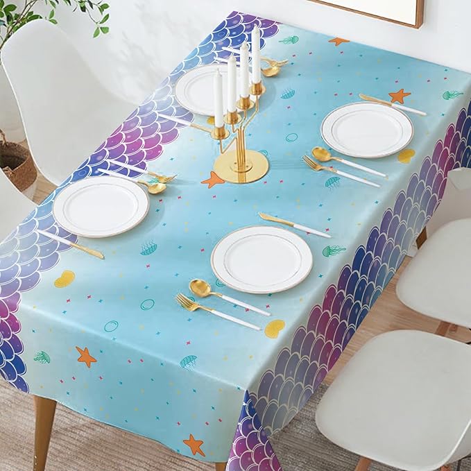 Mermaid Tablecloth 54×108 in, Under The Sea Plastic Table Cloth, Ocean Table Cover with Colorful Fish Scales, Starfish and Seashell, Disposable Plastic Party Tables Decor
