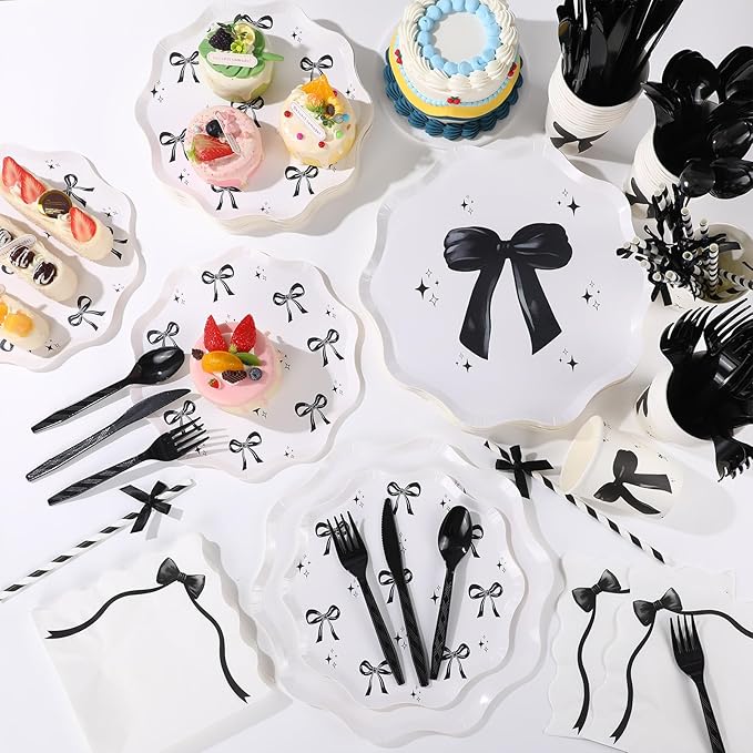 Sawysine 202 Pcs Black Bow Party Supplies Disposable Dinnerware Set 50 Plates 25 Cups 25 Napkins 25 Plastic Forks 25 Knives 25 Spoons 25 Straw Flag Tablecloth to Serve 25 Guests