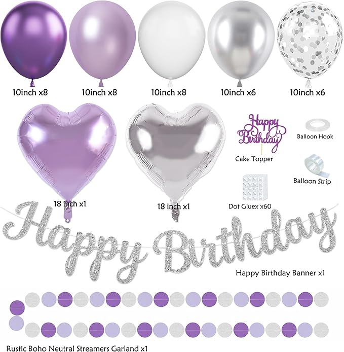 Purple Silver Birthday Party Decorations Kit with Happy Birthday Banner, Paper Lanterns, Streamers, Tissue Pom Poms, Honeycomb Flower Fans, Silver and Purple Balloons, & More for Women Girls' Party