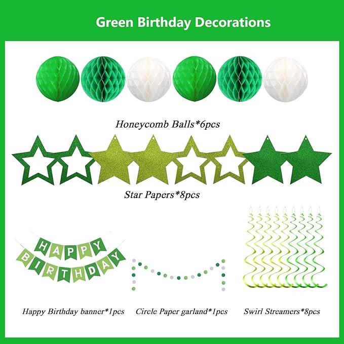 Green and White Birthday Decorations, Happy Birthday Banner with Green Star Hanging Swirl Streamers Honeycomb Balls Paper Circle Garland For Party Supplies
