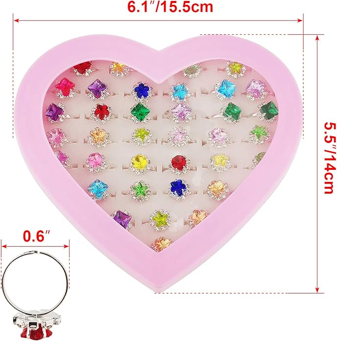 36pcs Little Girl Adjustable Rhinestone Gem Rings Set with Heart Shape Display Case, Jewelry Rings for Kids Pretend Play and Dress Up
