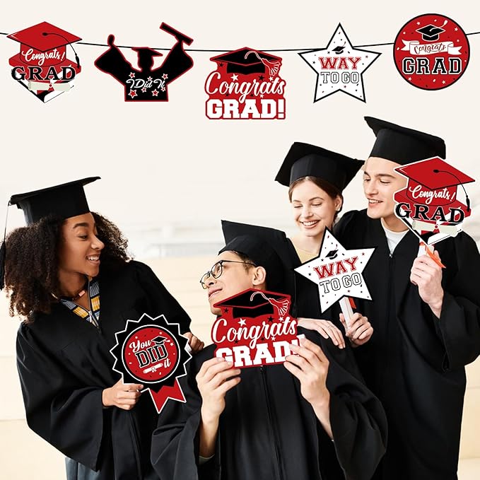 24Pcs Graduation Party Decorations Class of 2026, Graduation Centerpieces for Tables, 2026 Congrats Grad Party Centerpiece Stick Table Toppers for Graduation Party Supplies (Red)