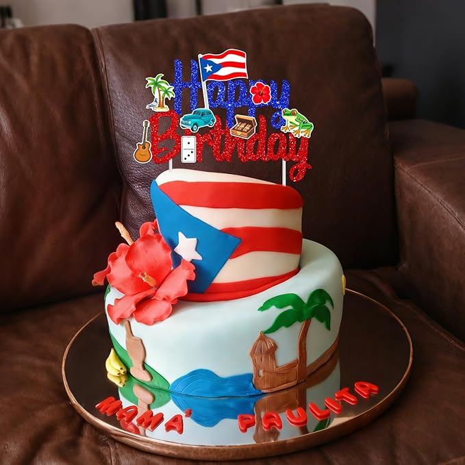 Puerto Rico Cake Topper Glitter Puerto Rican Theme Birthday Party Decoration Puerto Rican Cake Decorations Frog Cigar Vintage Car Cake Picks for National Day Patriotic Festival Supplies