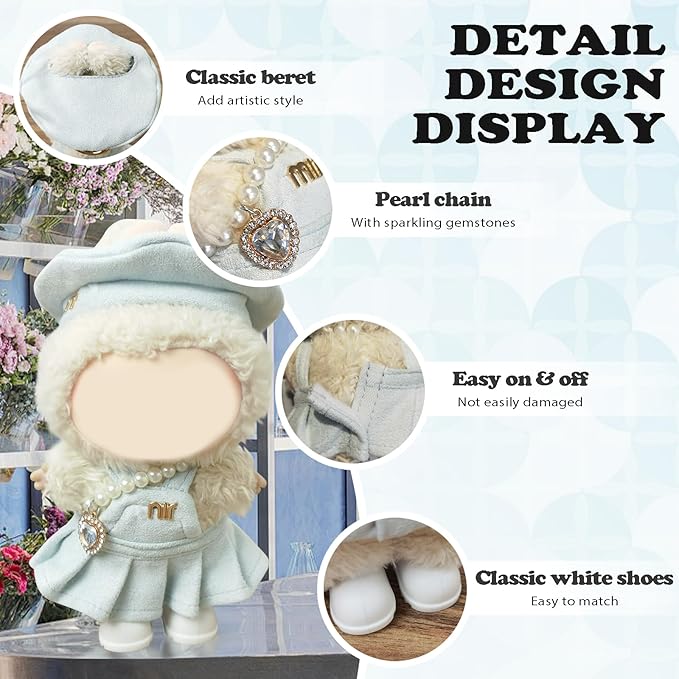 Clothes Compatible with LABUBU Doll – 4PCS Frosted Mint Set, 17cm Doll Clothes Designer Outfit for Campus Classic Theme, Chic Stylish Accessories for Labubu, No Doll (Paris Mint Frost)