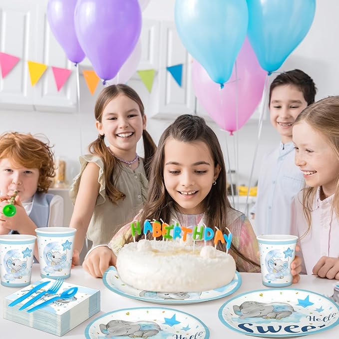 Dandat 350 Pcs Baby Shower Plates Set Baby Shower Party Supplies Serves 50 Tableware Sets Include Plates Napkin Cup Forks Knives Spoons Disposable Dinnerware(Elephant,Blue)