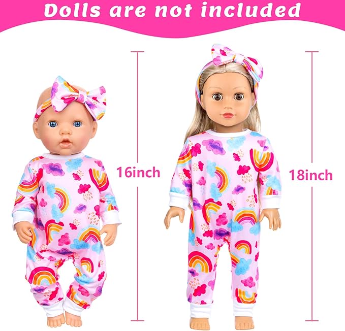 Ecore Fun 5 Sets Baby Doll Outfits & Headbands – 10 pcs for 14"-18" Baby Dolls | Cute Jumpsuit & Hair Accessory Set for Dress-Up Play