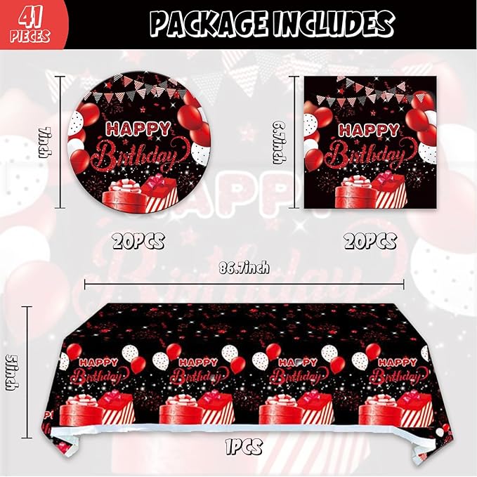 41pcs Black and Red Party Decoration,Black Red Birthday Party set Include dessert plate,Napkin and Tablecloth,Used for Black and Red Birthday Party Supplies