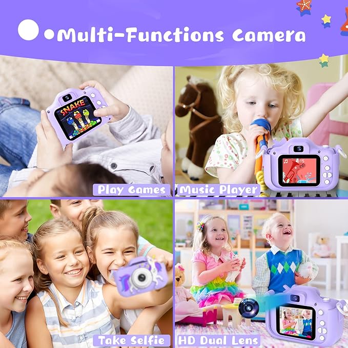 Dwfit Upgrade Selfie Kids Camera, Christmas Birthday Gifts for Boys Girls Age 3-12, HD Kids Digital Video Cameras for Toddler with Cartoon Soft Silicone Cover, Portable Toy for 3 4 5 6 7 8 Years Old