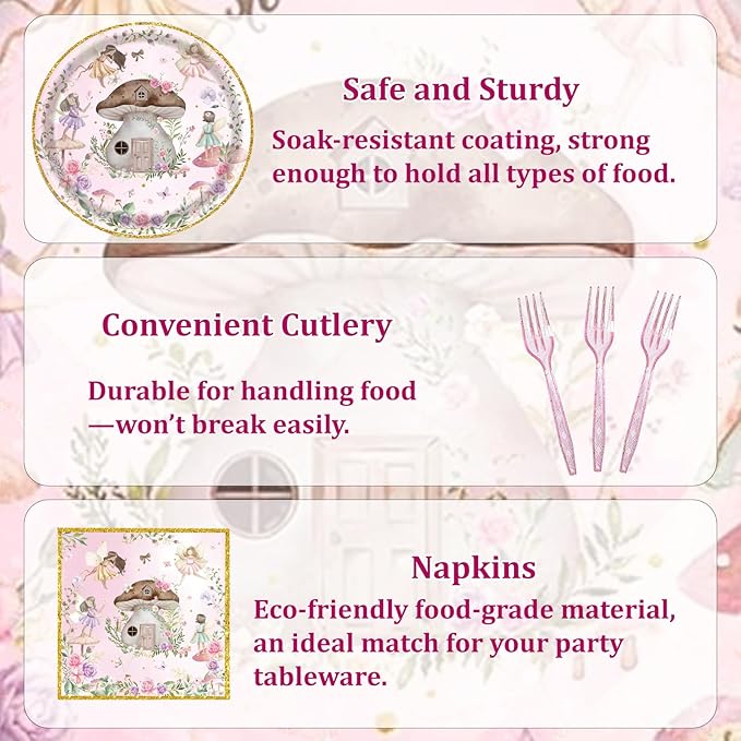192 Pcs Fairy Party Tableware Set (Serves 48 Guests), Plates, Napkins, Forks, Enchanted Garden Theme for 1st Birthday, Baby Shower, Girls Fairy Party Decorations