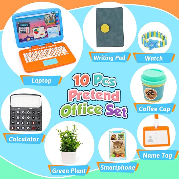 XIAPIA 10 Pcs Pretend Play Home Office Toys, Pretend Play for Toddlers 3-5-7, Pretend Play Sets with Kids Laptop, Pop-Up Calculator, Notebook, Watch, Coffee & Plant, Birthday Gift for 3 4 5 6 7 Year