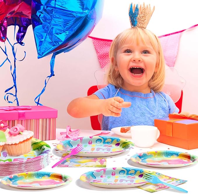 96Pcs Slime Birthday Party Decorations Colorful Slime Party Plates Disposable 350GSM It's Slime Time Paper Tableware Set for Boys Girls Glitter Slime Splatter Splash Birthday Party, Serves 24