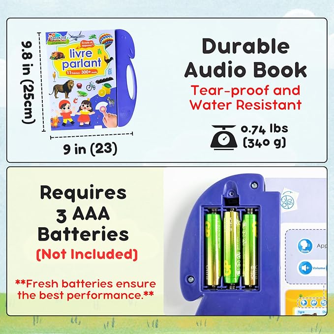 ZeenKind French English Sound Book for Kids 2 3 4 5 Years Old, Learn French for Kids Interactive Audio Learning Talking Books for Toddlers, Educational Livres en Francais Pour Enfants