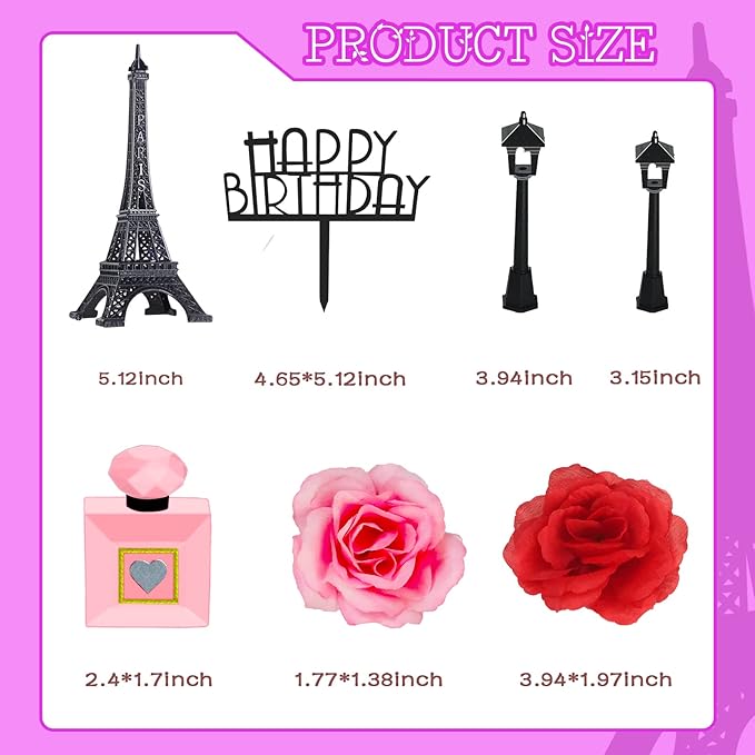 MEMOVAN 8pcs Paris Cake Topper Eiffel Tower Statue Cake Topper 7 Inch Pairs Eiffel Tower Perfume Bottle Birthday Topper Street Lamp Rose Cake Decoration for Girl Women Spa Paris French Theme Party