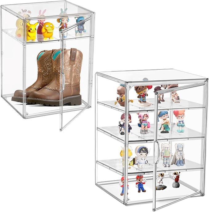 Clear Acrylic Display Case for Figures 4-Tier Collectibles Storage Box with 3 Dividers Stackable Display Stand for Action Figures, Handbag, Shoes,1 Pcs