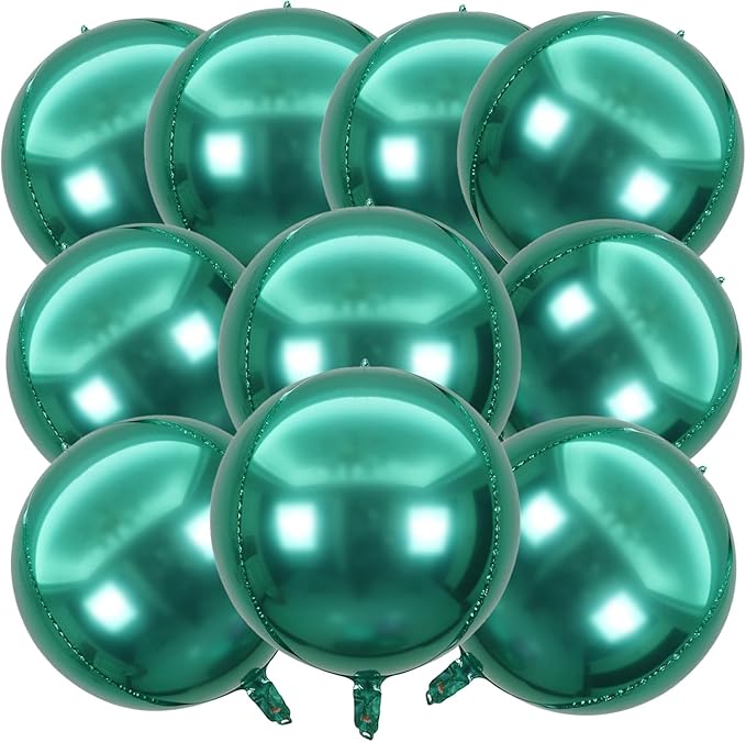 KALOR 10 Pcs 22 Inch Green Mylar Balloons, Large 4D Giant Round Foil Balloon Big Mirror Metallic Balloons for Birthday Party Baby Shower Gender Reveal Supplies