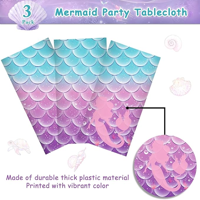 Jectivs 3Pcs Mermaid Birthday Party Tablecloth Decorations,Disposable Plastic Table Cover for Princess Under The Sea Baby Shower Themed Kids Birthday Party Supplies,108x54 Inch