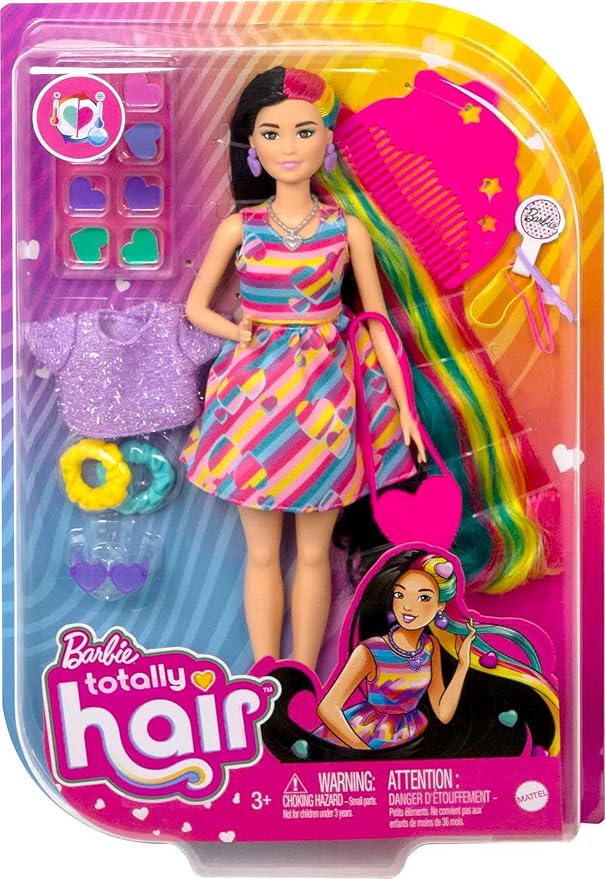 Barbie Totally Hair Doll, Heart-Themed with 8.5-inch Fantasy Hair & 15 Styling Accessories (8 with Color-Change Feature)