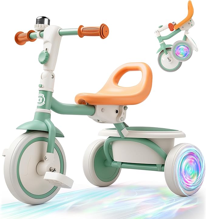besrey Kids Tricycle with Flash Wheels for Ages 18 Months to 5 Years, Toddler Tricycle with Bell, Kids Tricycle, Gift for 2-5 Year Olds, Gift and Toy for Boys and Girls, Tricycle for Toddlers, Green
