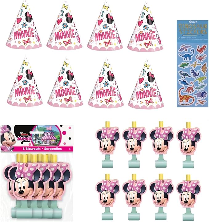 Unique Minnie Mouse Birthday Party Supplies Activity Bundle Pack includes 8 Kid's Party Cone Hats, 8 Party Blowouts, 1 Dinosaur Sticker Sheet