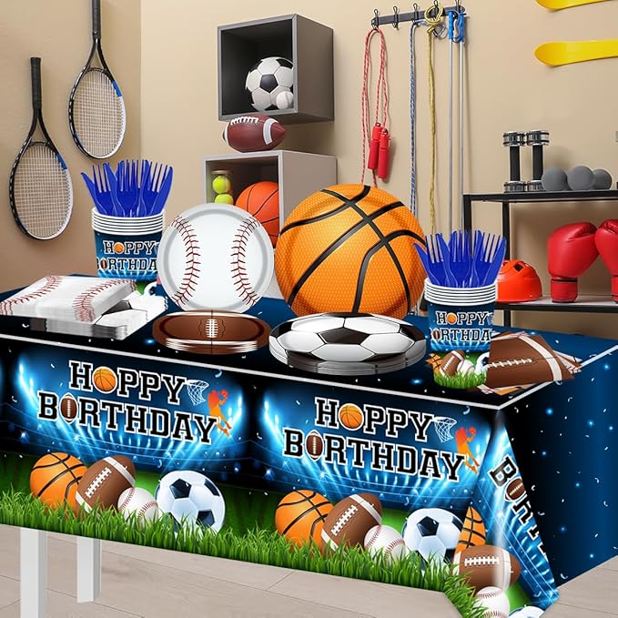 Sports Birthday Party Decorations-142Pcs Sports Theme Plates and Napkins Kit All Star Basketball Football Baseball Soccer Tableware Serves 20 Guests for Birthday Party
