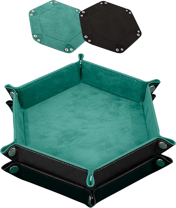 SIQUK 2 Pieces Dice Tray PU Leather Dice Trays Folding Hexagon Dice Holder Tray for Dice Games Like RPG, DND and Other Table Games (Cyan and Black)