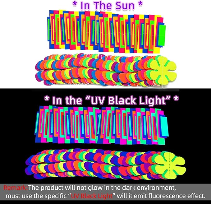 90 Feet Windmill Flower&Stripe UV Neon Garland Streamers Glow in The Dark Party Supplies Decoration for Birthday Banner Black Light Neon Party Decorations for Dark Glow Party UV Reactive Party Favor