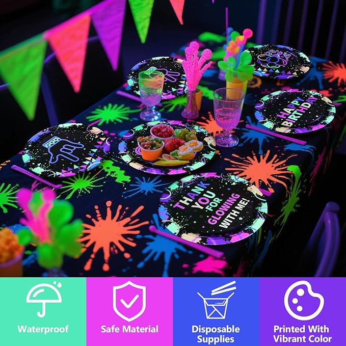 60 Pcs Neon Plates, 9'' Neon Party Decorations Paper Plates for Glow in the Dark Party Supplies Let's Glow Decor