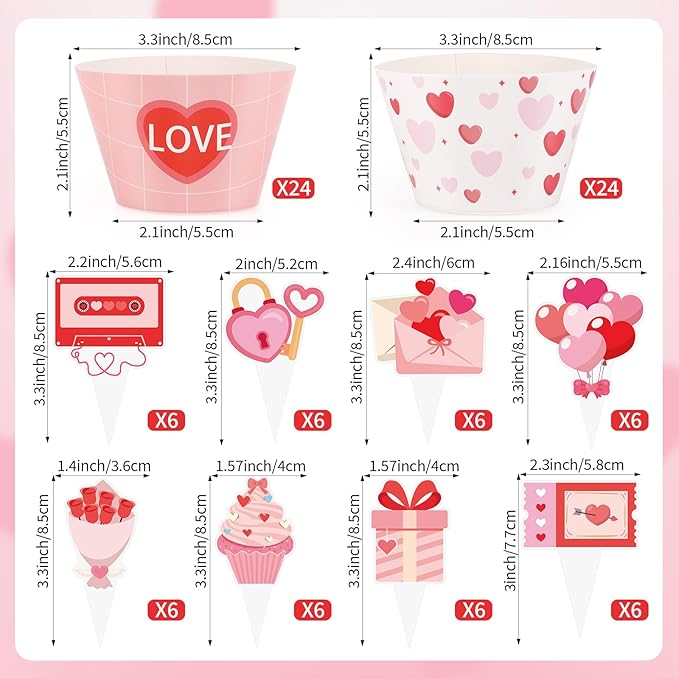 48 Pcs Valentines Cupcake Toppers and Heart Wrappers Love Cupcake Decorations for Valentine's Day Theme Wedding Birthday Party Supplies