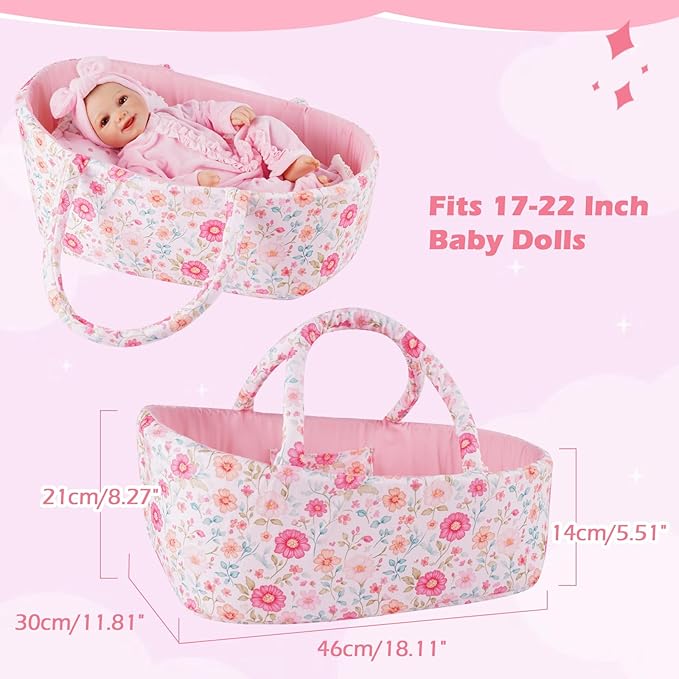 BABESIDE 3 Pcs Baby Doll Bassinet with Baby Doll Bedding Set for 17-22 Inch Dolls, Floral Patterns Babydoll Crib and Blanket for Lifelike Reborn Dolls Accessories, Pink