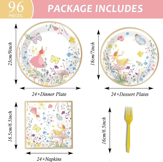 96 Pcs Fairy Plates and Napkins Party Supplies Talking Truly Fairy Tableware Set Tea Luncheon Party Decorations Favors for Girls Kids Birthday Baby Shower Serves 24