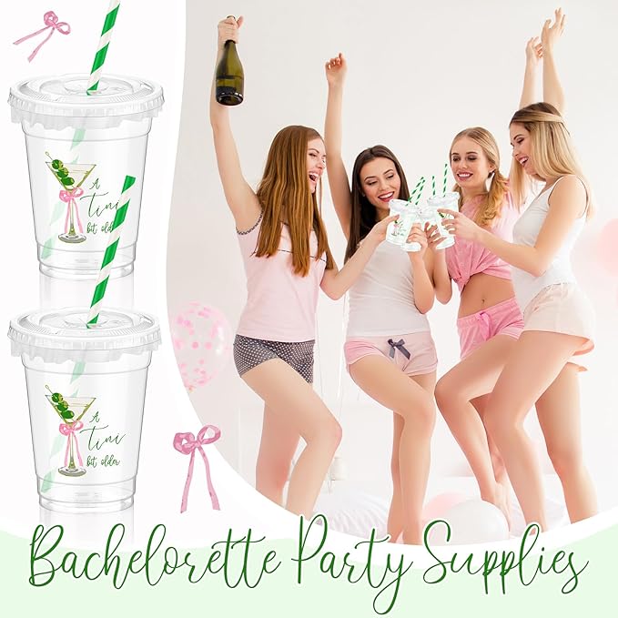 Domensi 50 Pcs Martini Birthday Party Plastic Cup 12 oz a Tini Bit Older Green Martini Pink Bow Thick Clear Cup for Girls Women Bar Birthday Bachelorette Bridal Shower Party Supplies