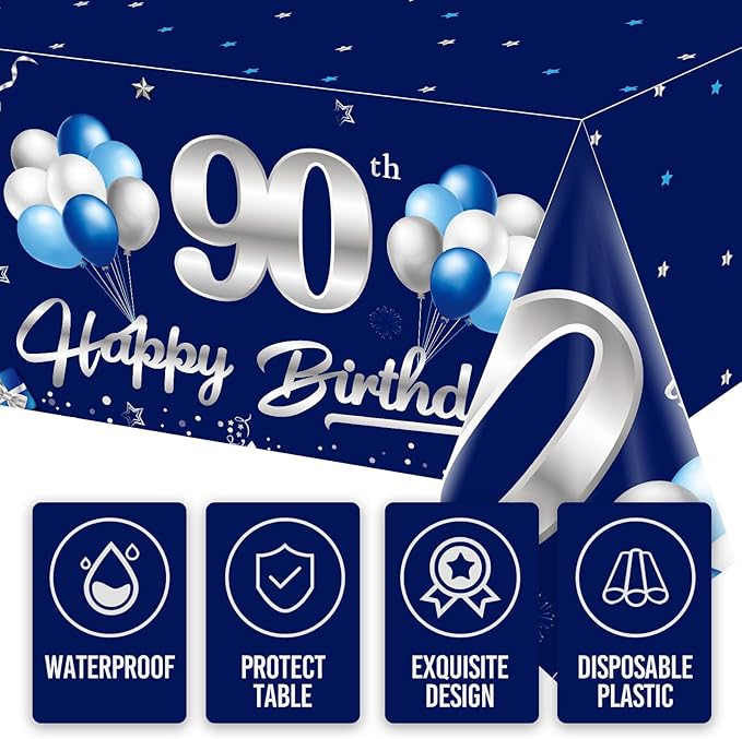 3 Packs 90th Birthday Tablecloth Decoration for Men, Blue Silver Happy 90th Birthday Table Cover Party Supplies, Ninety Years Old Birthday Disposable Rectangular Table Cloth Indoor Outdoor