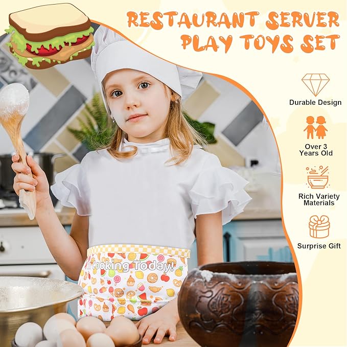 7 Pieces Restaurant Server Play Toys Set Pretend Play Restaurant Food Kids Waitress Set Pretend Restaurant Menus with Play Kitchen Dress Up Clothes for Toddler Girls Boys Party Learning Birthday Gift